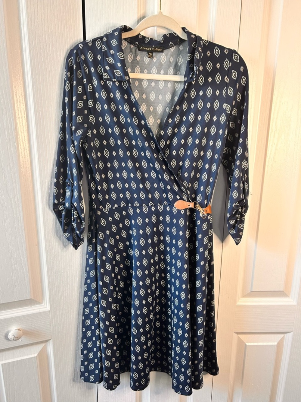 Always Indigo Women’s PM Navy Printed V-Neck Collared Wrap Clasp Dress